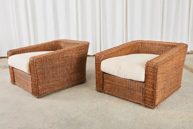 Pair of Michael Taylor Style Woven Rattan Wicker Lounge Chairs