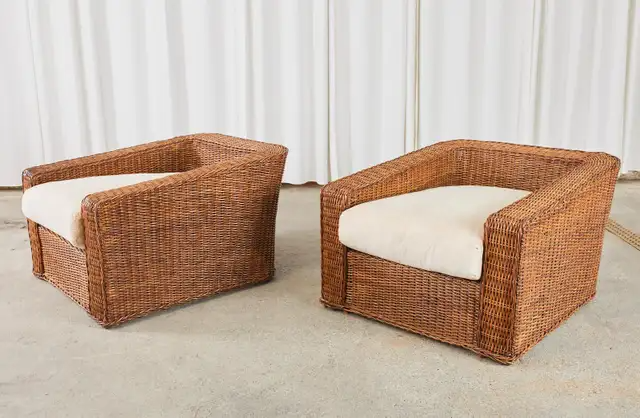 Pair of Michael Taylor Style Woven Rattan Wicker Lounge Chairs