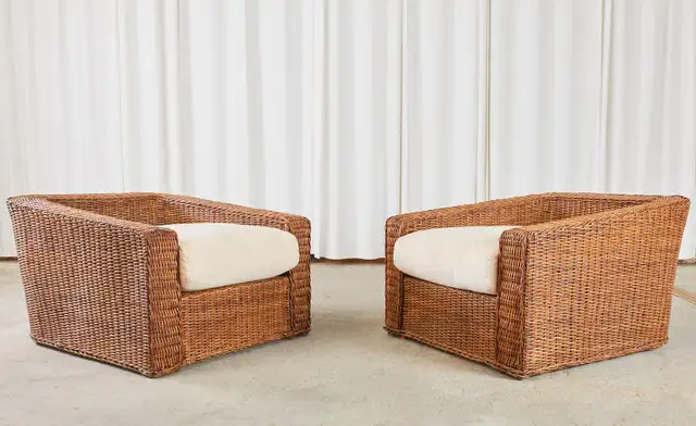 Pair of Michael Taylor Style Woven Rattan Wicker Lounge Chairs