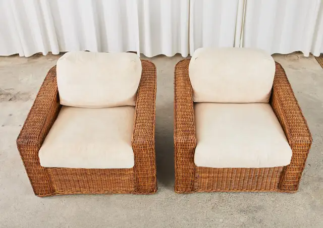 Pair of Michael Taylor Style Woven Rattan Wicker Lounge Chairs