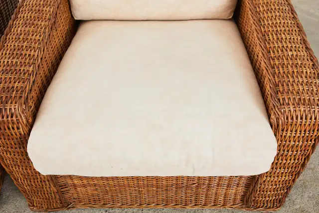 Pair of Michael Taylor Style Woven Rattan Wicker Lounge Chairs