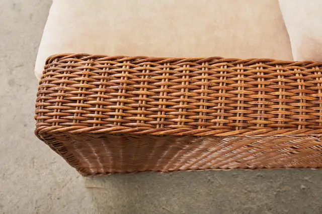 Pair of Michael Taylor Style Woven Rattan Wicker Lounge Chairs