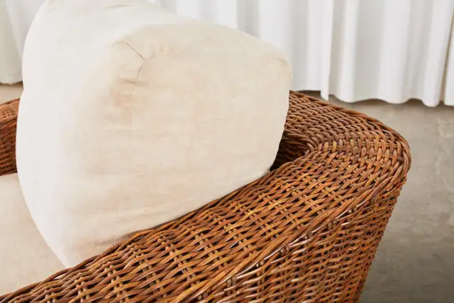 Pair of Michael Taylor Style Woven Rattan Wicker Lounge Chairs