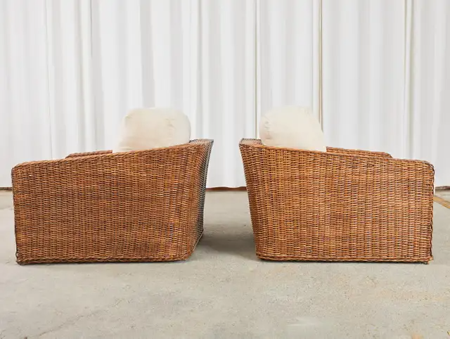 Pair of Michael Taylor Style Woven Rattan Wicker Lounge Chairs
