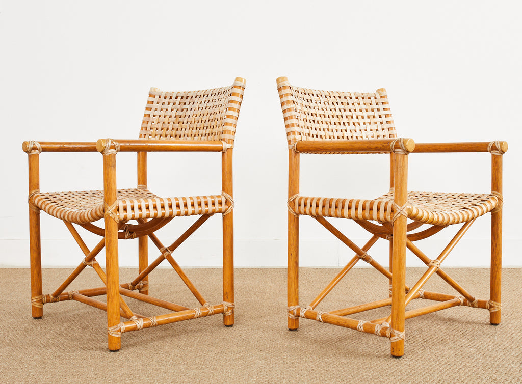 Set of Four McGuire Laced Rawhide Rattan Dining Armchairs