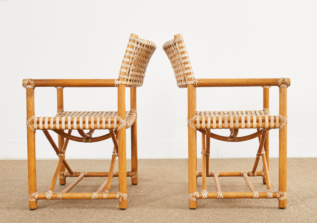 Set of Four McGuire Laced Rawhide Rattan Dining Armchairs