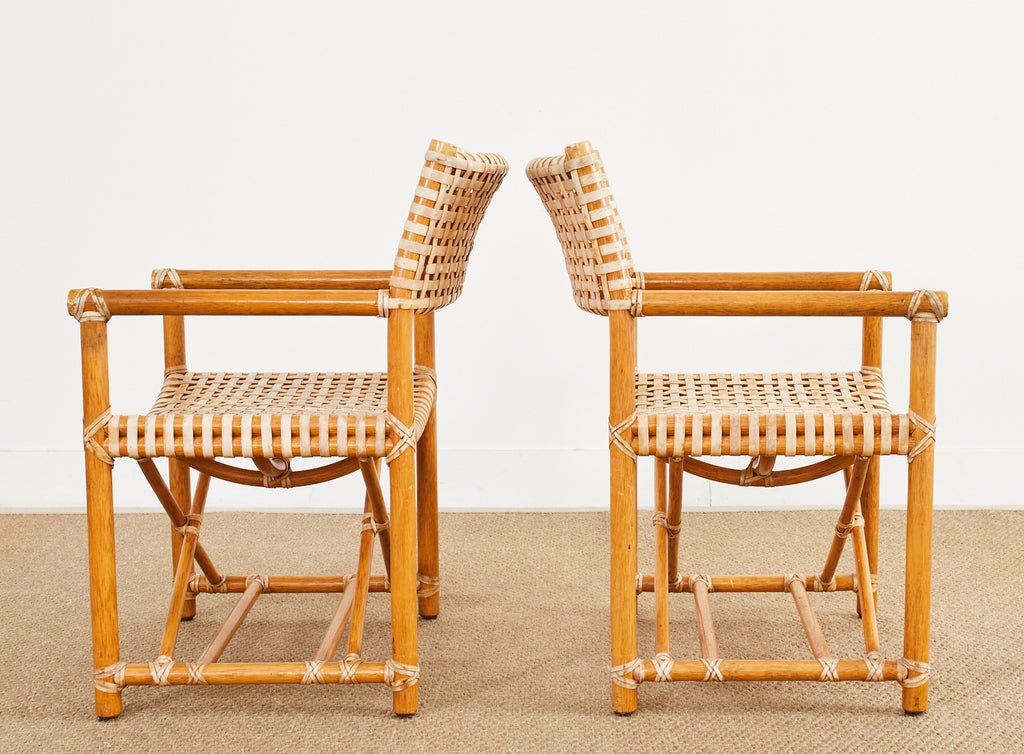 Set of Four McGuire Laced Rawhide Rattan Dining Armchairs