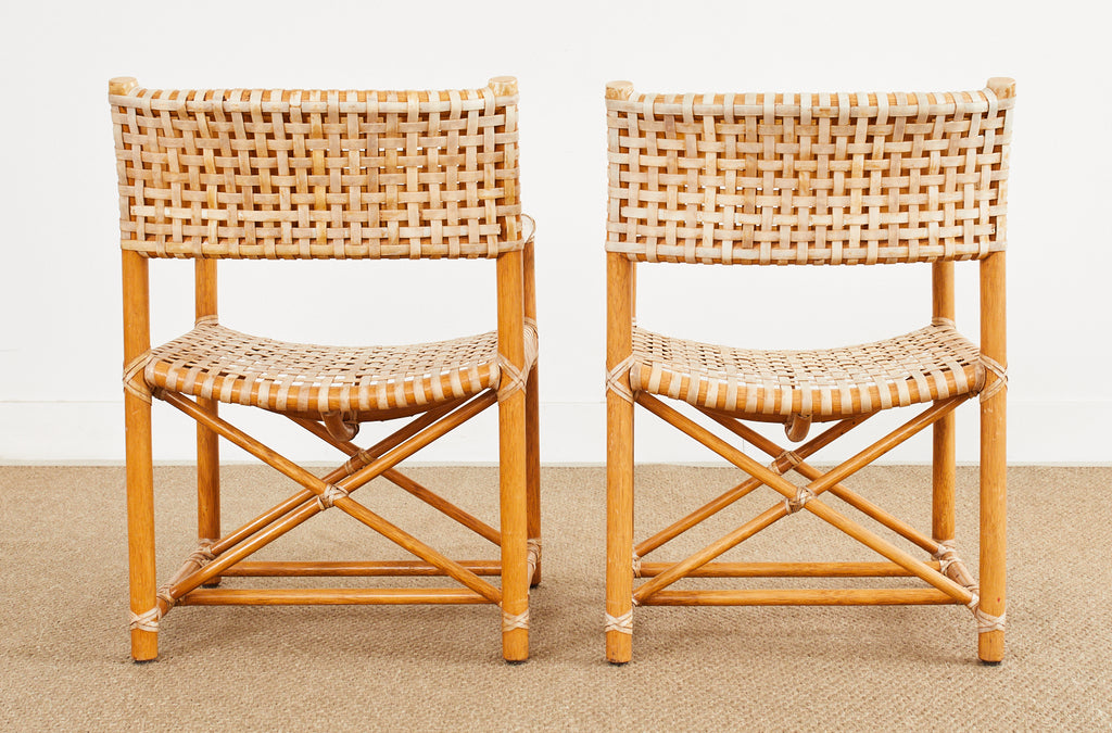 Set of Four McGuire Laced Rawhide Rattan Dining Armchairs