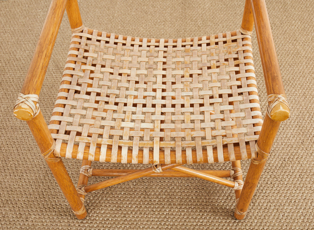 Set of Four McGuire Laced Rawhide Rattan Dining Armchairs