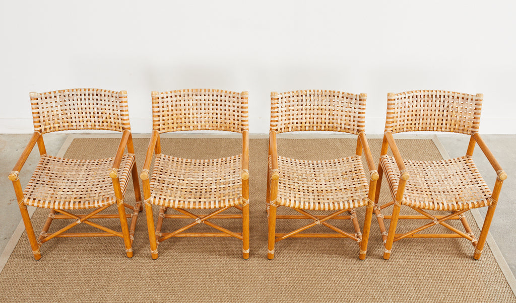 Set of Four McGuire Laced Rawhide Rattan Dining Armchairs