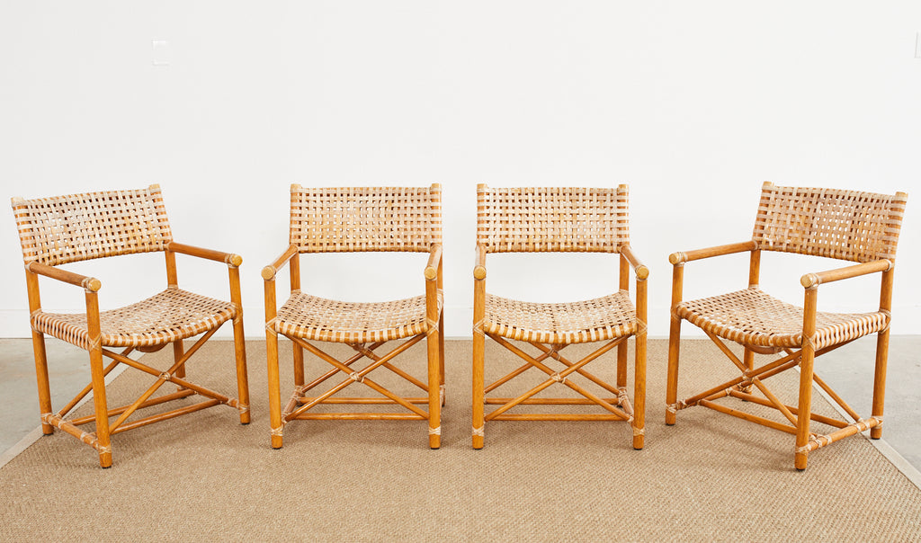 Set of Four McGuire Laced Rawhide Rattan Dining Armchairs