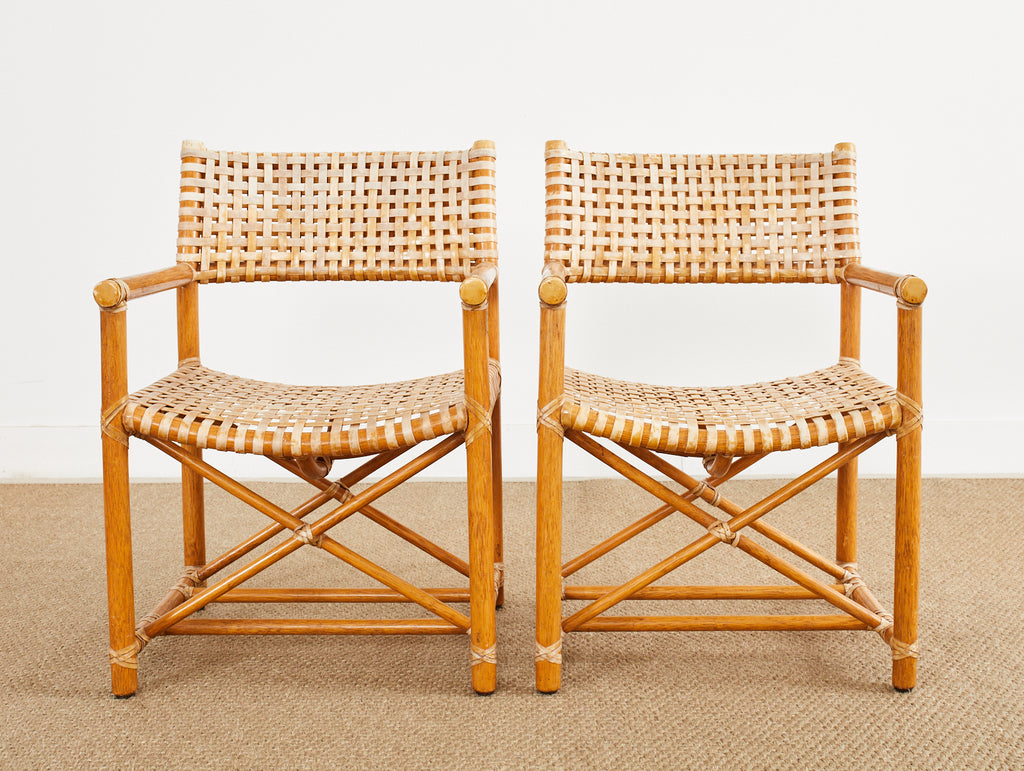 Set of Four McGuire Laced Rawhide Rattan Dining Armchairs