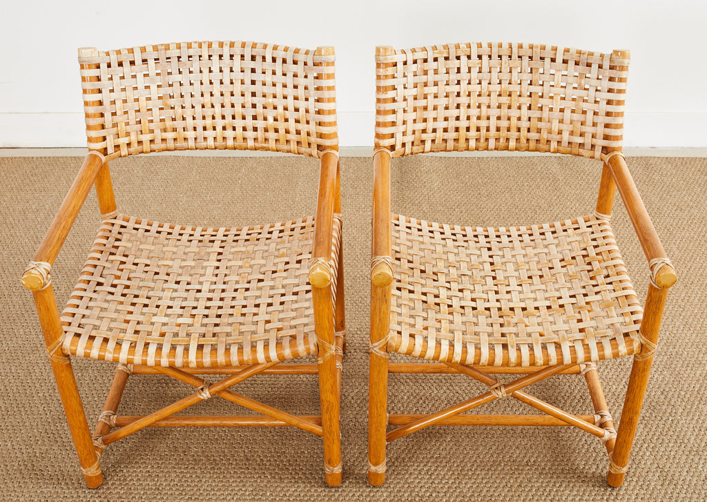 Set of Four McGuire Laced Rawhide Rattan Dining Armchairs