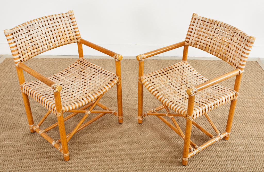 Set of Four McGuire Laced Rawhide Rattan Dining Armchairs