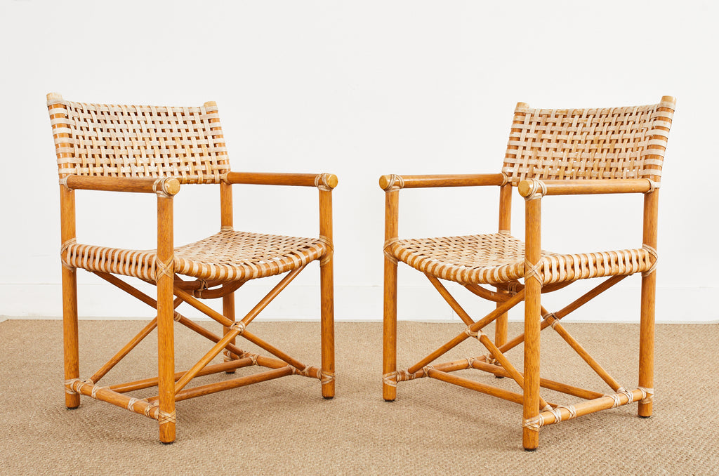 Set of Four McGuire Laced Rawhide Rattan Dining Armchairs