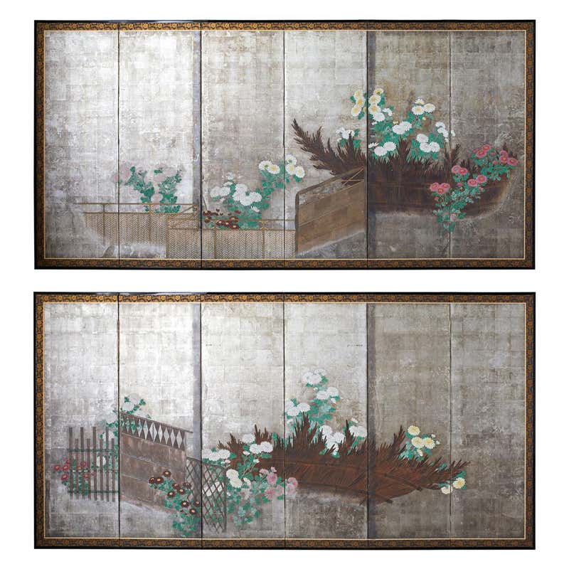 Pair of Japanese Edo Screens Chrysanthemums Along Fence