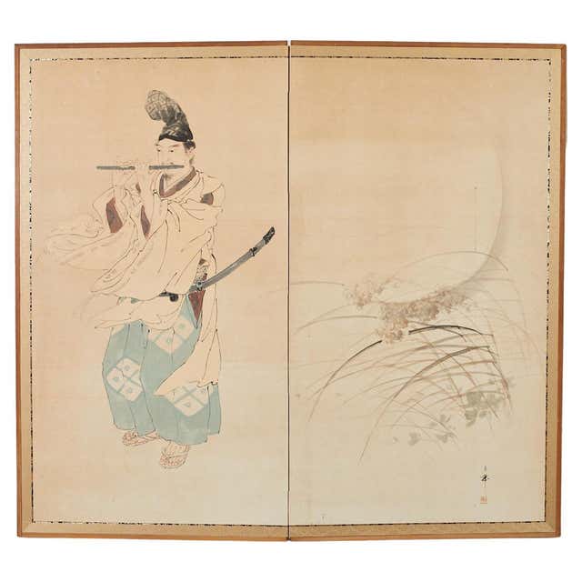 Japanese Taisho Two Panel Screen Heian Period Flute Player
