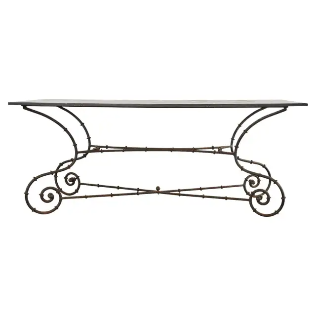 Mid-century Faux Bamboo Iron Slate Top Garden Dining Table