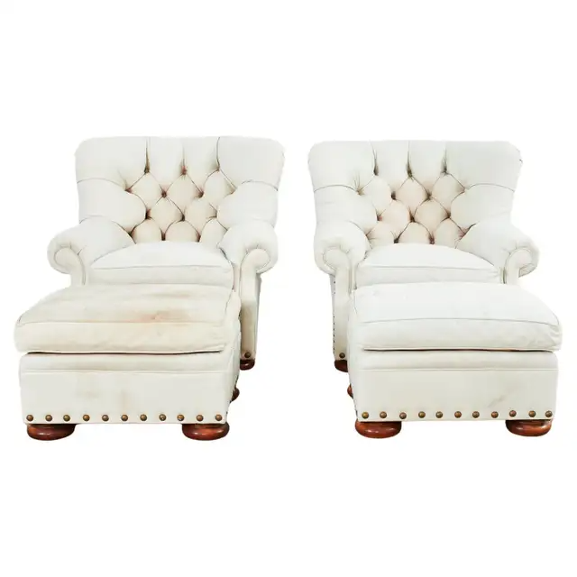 Pair of Ralph Lauren Attributed Leather Writers Wingback Chairs with Ottoman