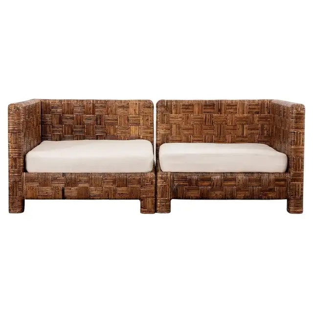 Billy Baldwin Style Two Part Cane Basketweave Parsons Sofa Settee