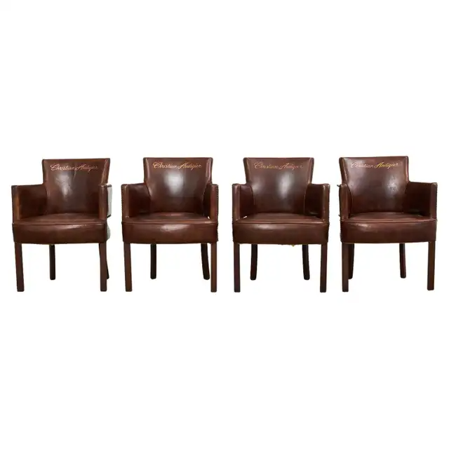 Set of Four Christian Audigier Cigar Leather Monogram Club Chairs