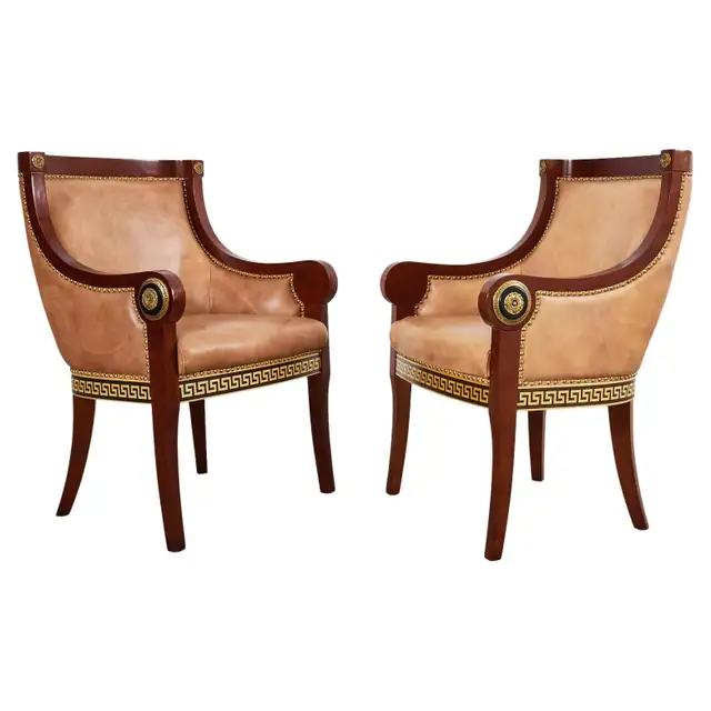 Pair of Empire Style Armchairs with Versacesque Decoration