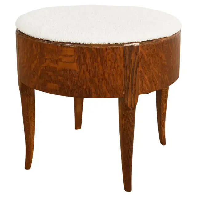 English Arts and Crafts Quarter Sawn Oak Stool with Bouclé