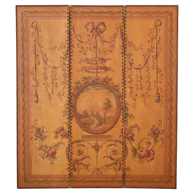 English Victorian Adam Style Three Panel Folding Screen