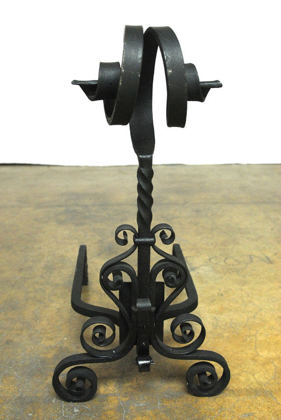 Pair of Arts & Crafts Ram’s Head Wrought Iron Andirons