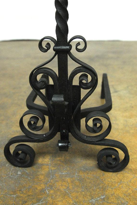 Pair of Arts & Crafts Ram’s Head Wrought Iron Andirons