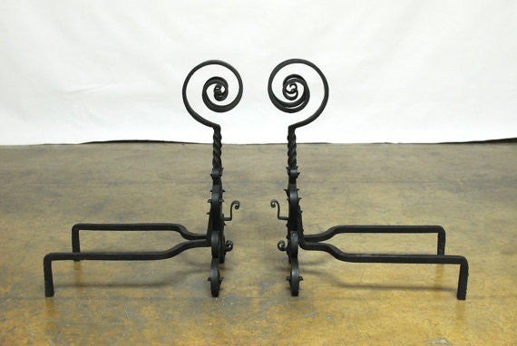 Pair of Arts & Crafts Ram’s Head Wrought Iron Andirons