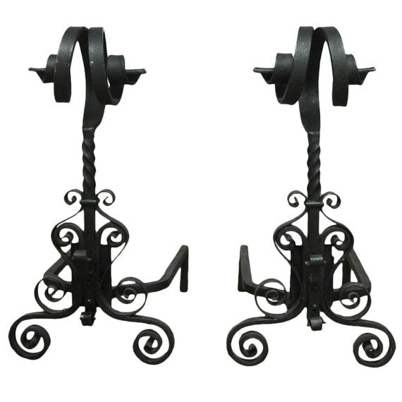 Pair of Arts & Crafts Ram’s Head Wrought Iron Andirons