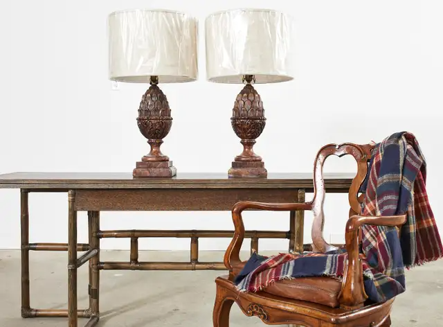 Pair of Neoclassical Style Carved Alabaster Acorn Table Lamps