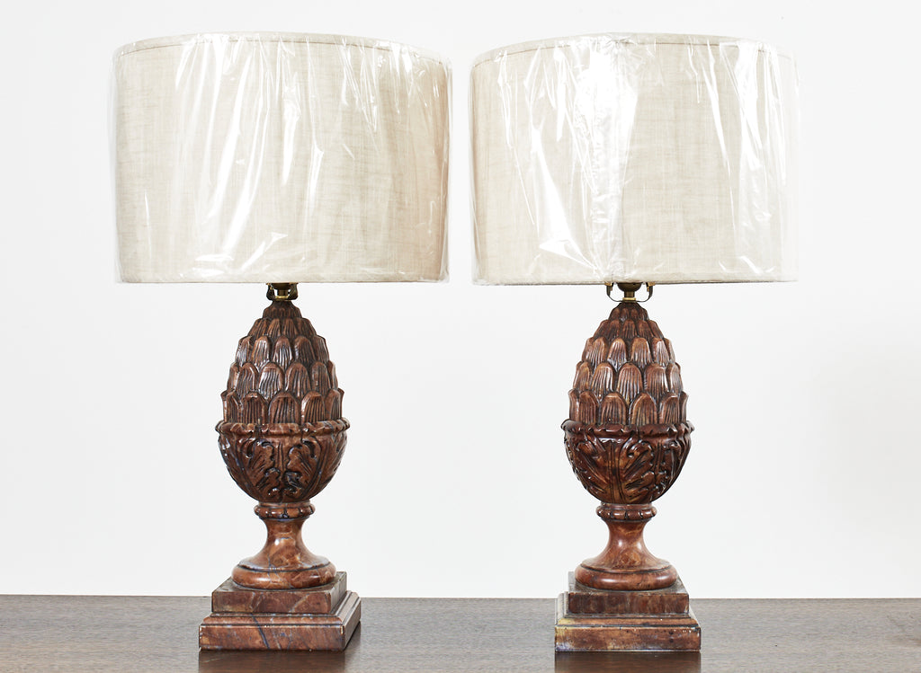 Pair of Neoclassical Style Carved Alabaster Acorn Table Lamps