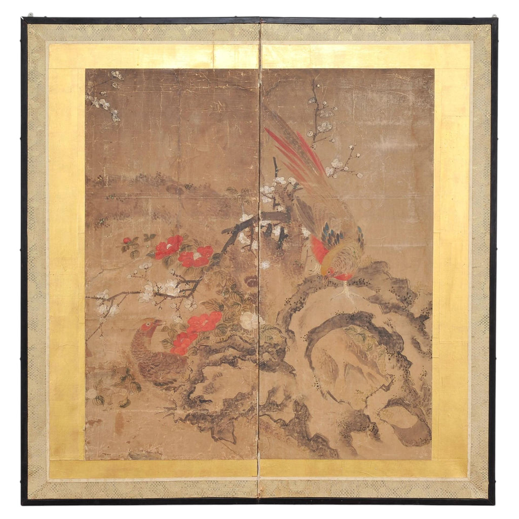 18th C. Japanese Edo Two-Panel Screen Pheasants Floral Landscape