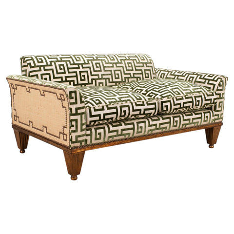 20th C. Art Deco Style Greek Key Velvet and Raffia Settee