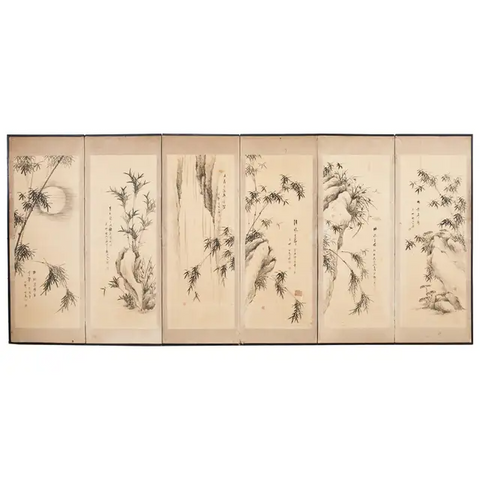 Japanese Meiji Six Panel Screen Chinese Poems with Bamboo Landscapes