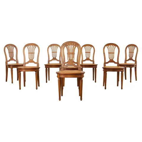 Set of Eight Louis XVI Style Walnut Cane Dining Chairs