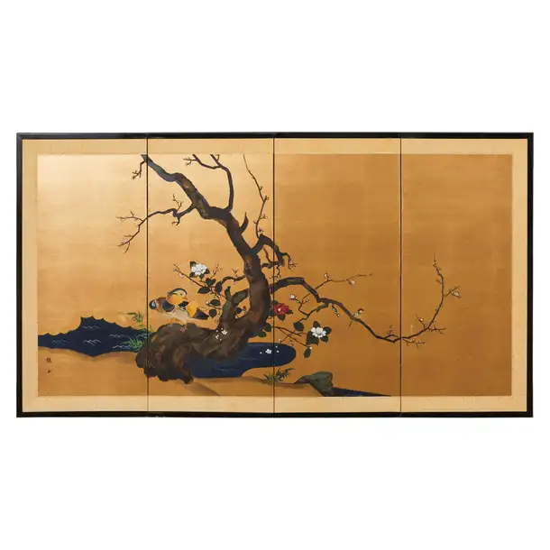Japanese Style Four Panel Screen Flowering Prunus with Ducks