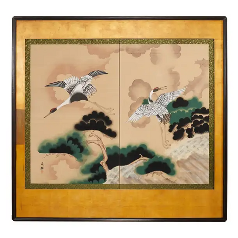 Japanese Showa Period Mounted Screen Manchurian Cranes With Pines