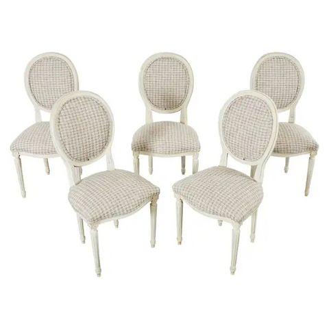 Set of Five Louis XVI Style Painted Dining Chairs with Houndstooth