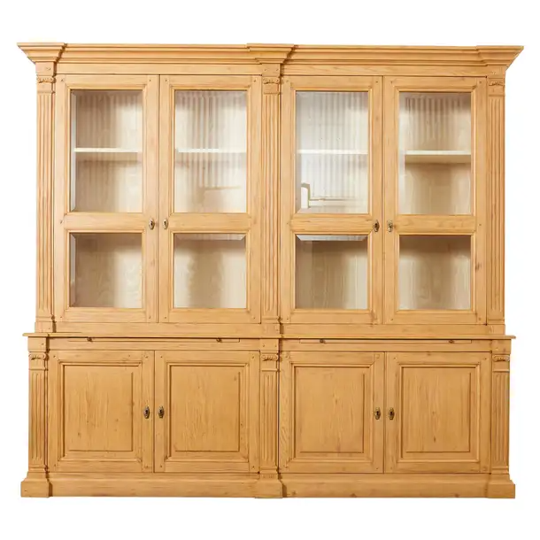 Neoclassical Style Oak Library Bookcase with Beveled Glass Doors