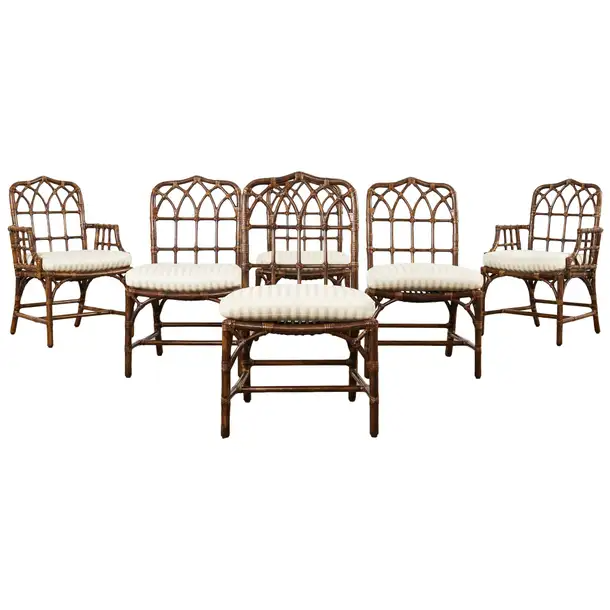 Set of Six McGuire Rattan Cathedral Back Dining Chairs