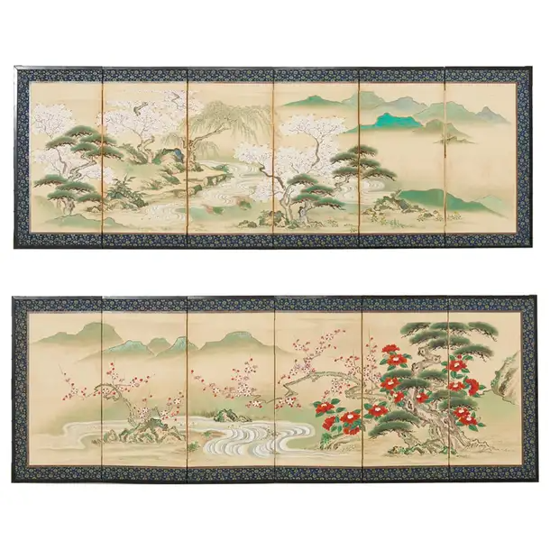 Pair of Japanese Edo Screens Minogame Turtles in Spring Landscape