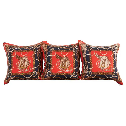 Set of Three Large Ralph Lauren Equestrian Silk Scarf Pillows