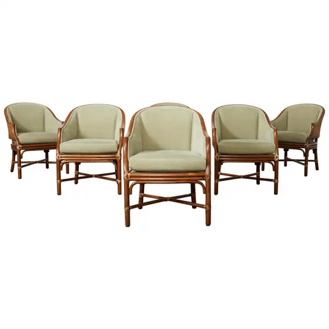 Set of Six McGuire Rattan Caned Toboggan Dining Chairs