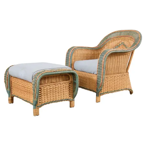 French Grange Style Rattan Wicker Lounge Chair and Ottoman