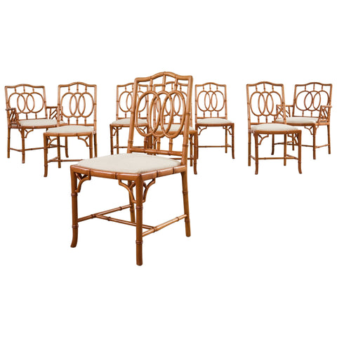 Set of Eight Chinese Chippendale Faux Bamboo Elm Dining Chairs