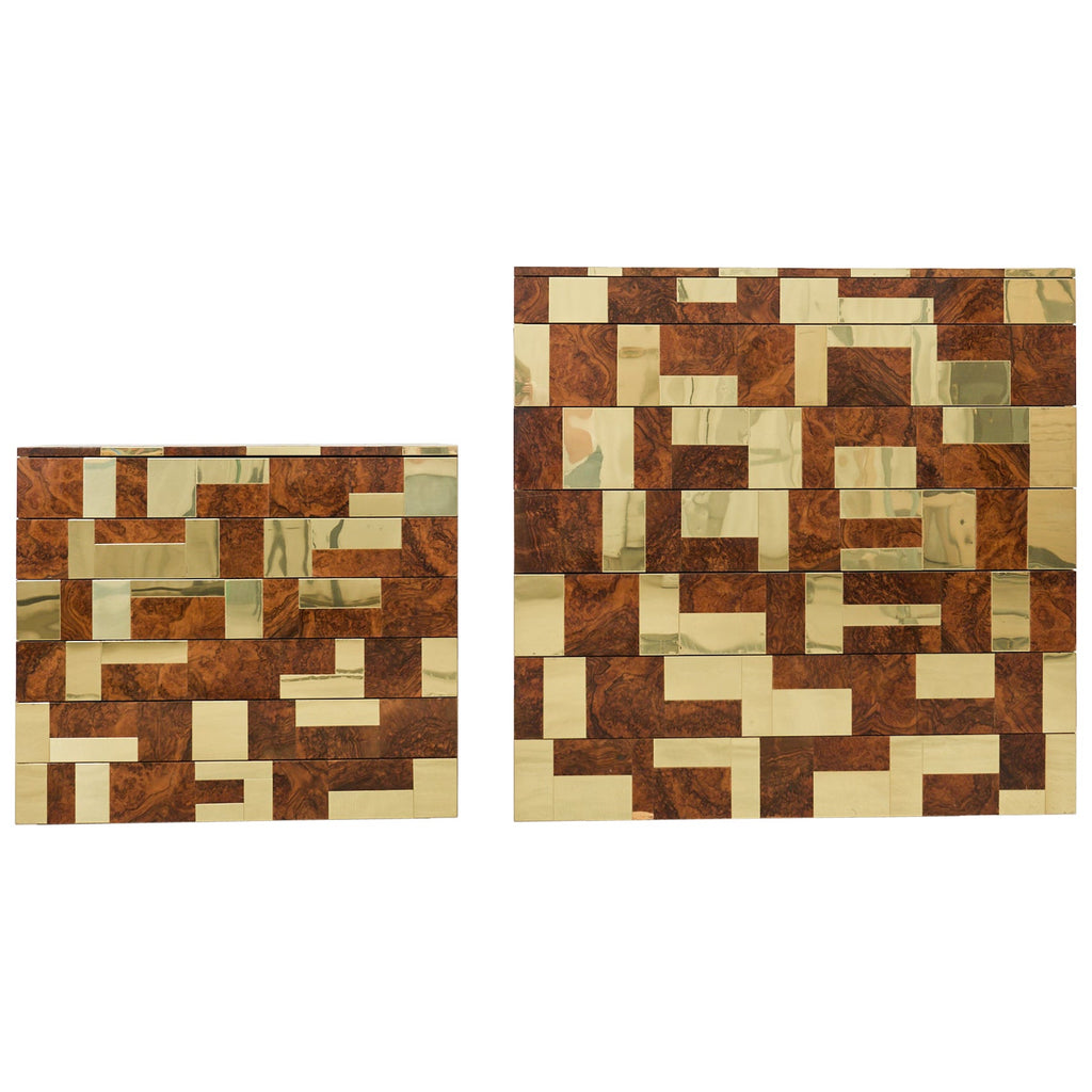 Pair of Paul Evans Signed Cityscape Burl Walnut Brass Cabinets