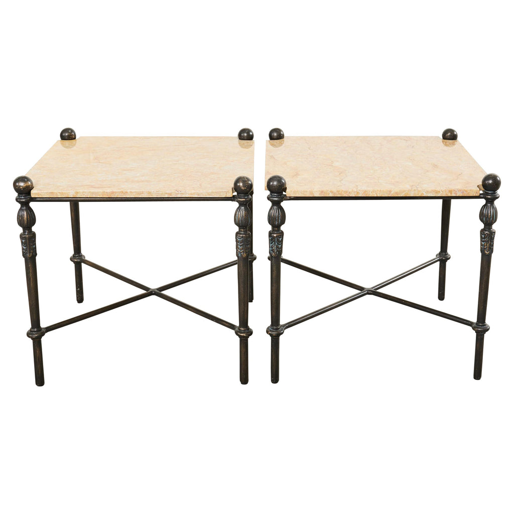 Pair of Michael Taylor Bronzed Montecito Marble Top Tables